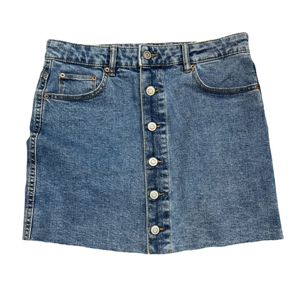 DEX button front raw hem blue jean denim mini skirt 28
